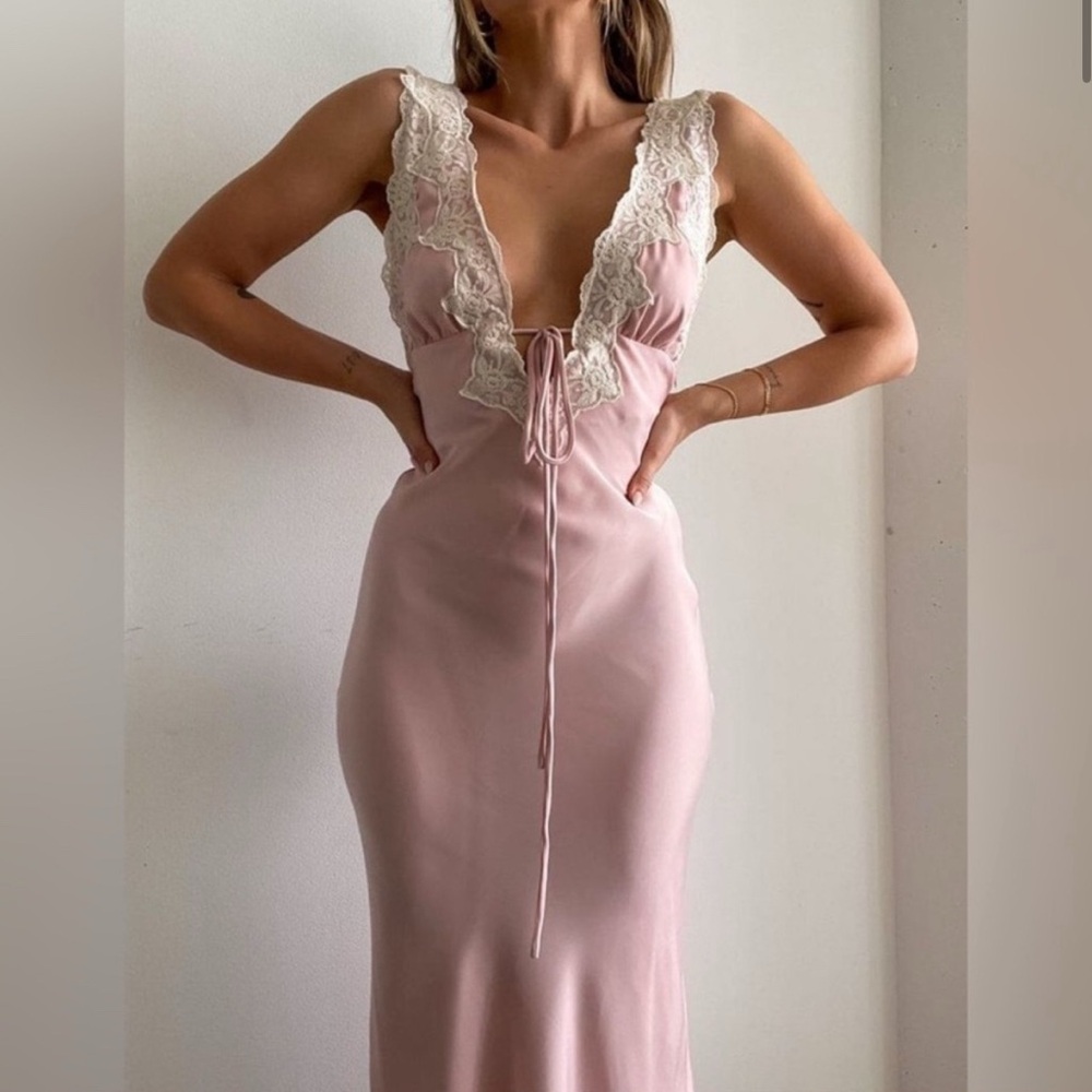 Rumored Pink Venice Lace Trim Pink Satin Maxi Slip Dress Small NWT